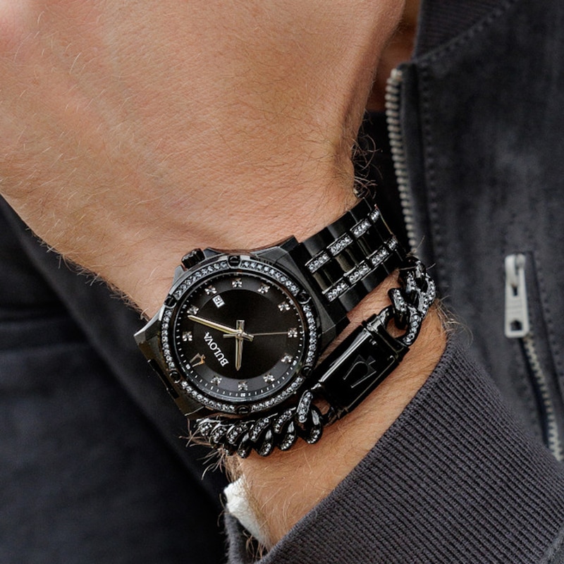 Men's Bulova Crystal Quartz Black IP Stainless Steel Watch and Bracelet Set (98K119)