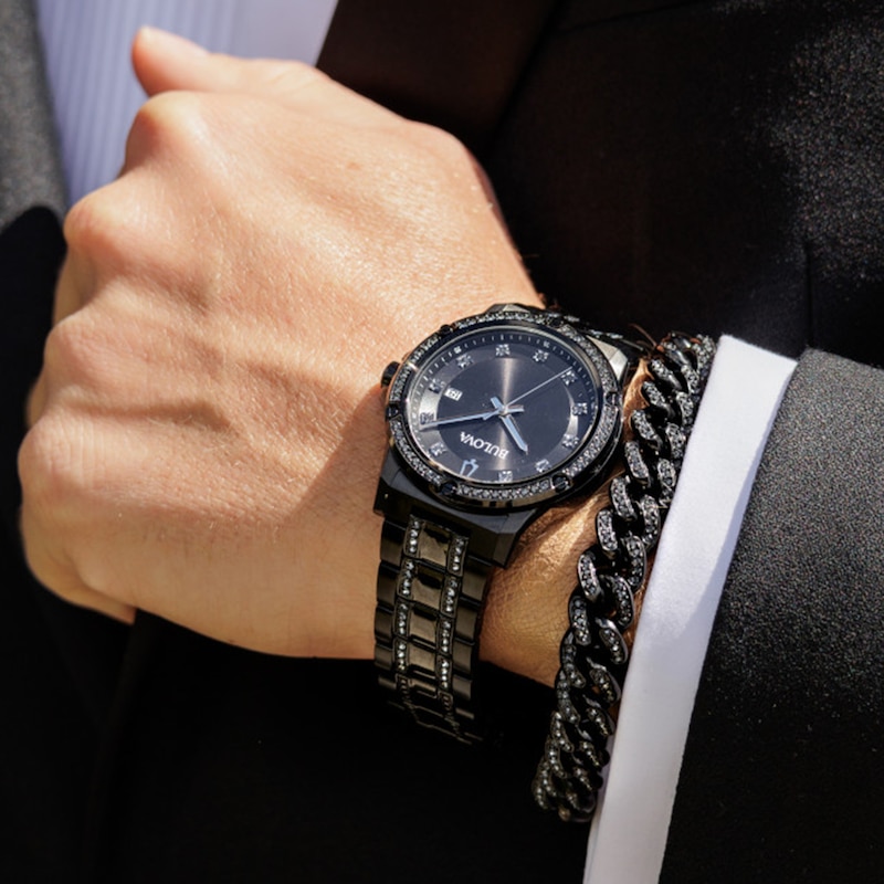 Men's Bulova Crystal Quartz Black IP Stainless Steel Watch and Bracelet Set (98K119)