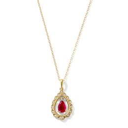 Pear-Shaped Ruby and 0.10 CT. T.W. Lab-Grown Diamond Milgrain Frame Necklace in 18K Gold (F/VS2) - 18"