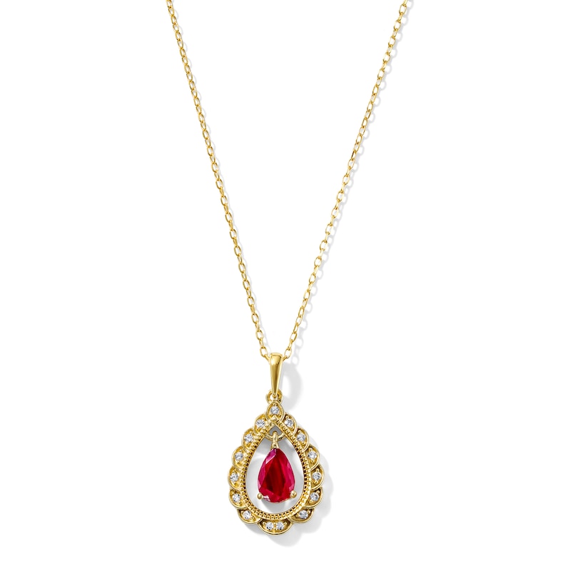 Pear-Shaped Ruby and 0.10 CT. T.W. Lab-Grown Diamond Milgrain Frame Necklace in 18K Gold (F/VS2) - 18"