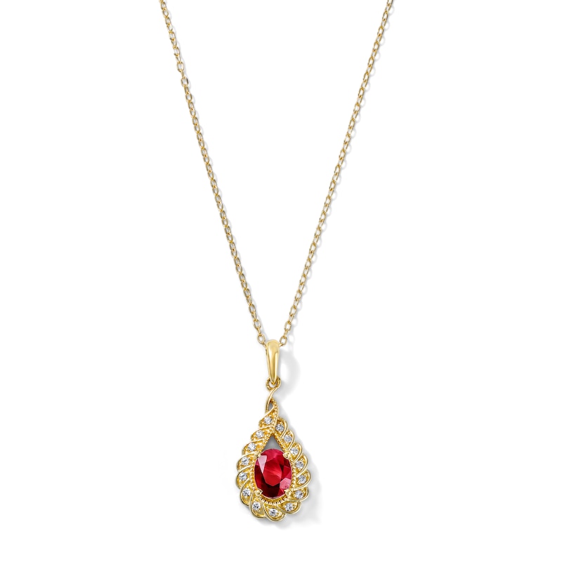 Oval Ruby and 0.10 CT. T.W. Lab-Grown Diamond Milgrain Frame Necklace in 18K Gold (F/VS2) - 18"