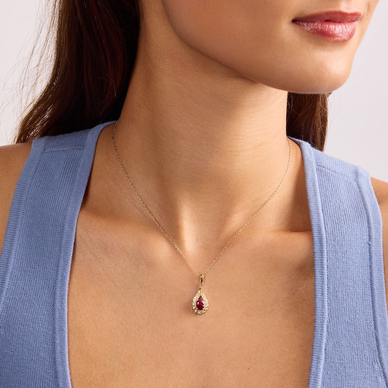 Oval Ruby and 0.10 CT. T.W. Lab-Grown Diamond Milgrain Frame Necklace in 18K Gold (F/VS2) - 18"