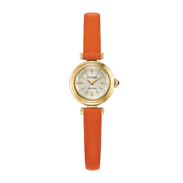 Ladies' Citizen Fio Gold-Tone Stainless Steel Watch with Champange Dial and Orange Leather Strap (EG7086-14P)