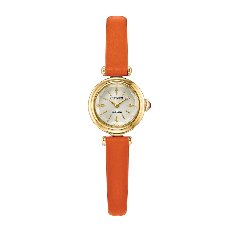 Ladies' Citizen Fio Gold-Tone Stainless Steel Watch with Champange Dial and Orange Leather Strap (EG7086-14P)