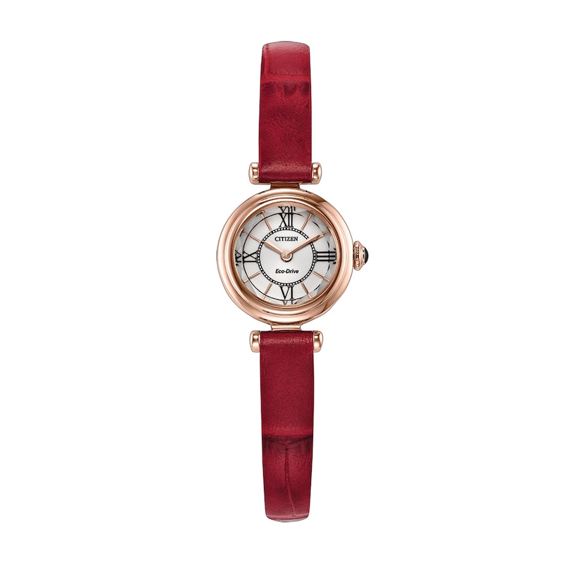 Ladies' Citizen Fio Rose Gold-Tone Stainless Steel Watch with White Dial and Red Leather Strap (EG7087-03A)