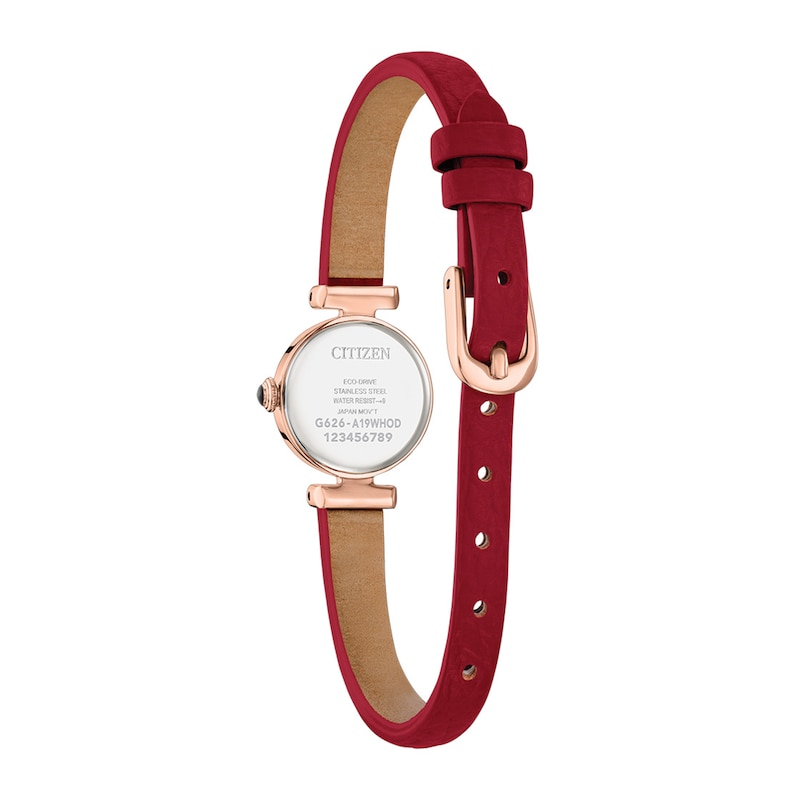 Ladies' Citizen Fio Rose Gold-Tone Stainless Steel Watch with White Dial and Red Leather Strap (EG7087-03A)