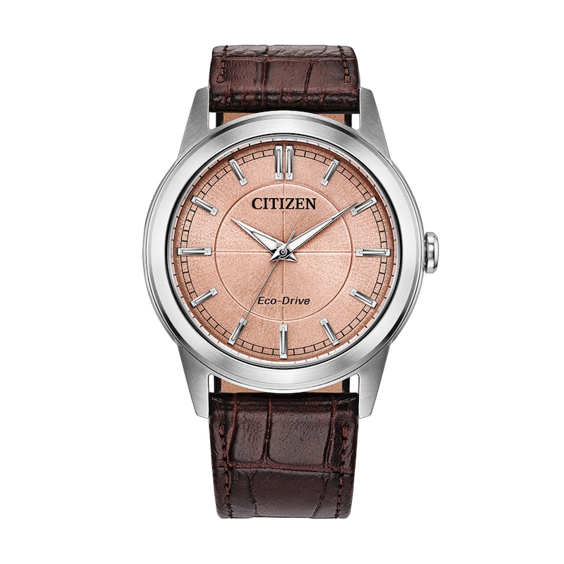 Men's Citizen Rolan Stainless Steel Watch with Salmon Pink Dial and Brown Leather Strap (AW2110-14Z)
