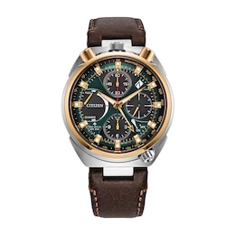 Men's Citizen Limited Edition Tsuno Chrono Two-Tone Stainless Steel Watch with Green Dial and Brown Leather Strap (AV0104-06W)