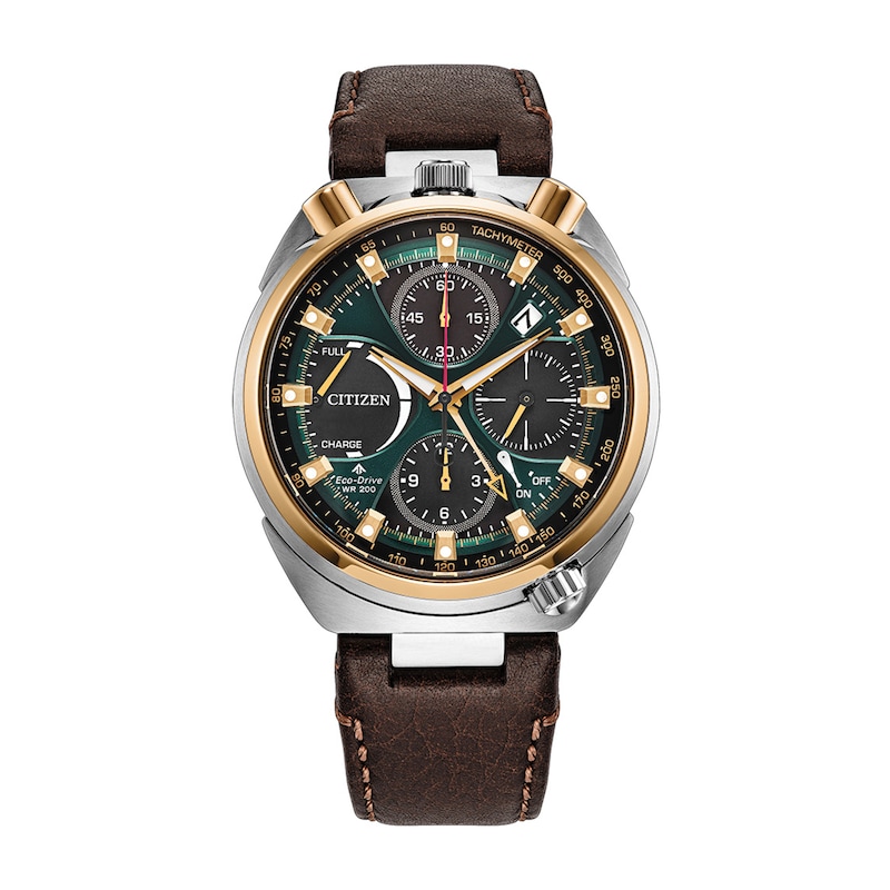 Men's Citizen Limited Edition Tsuno Chrono Two-Tone Stainless Steel Watch with Green Dial and Brown Leather Strap (AV0104-06W)