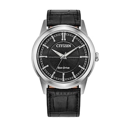 Men's Citizen Rolan Stainless Steel Watch with Black Dial and Black Leather Strap (AW2110-06E)