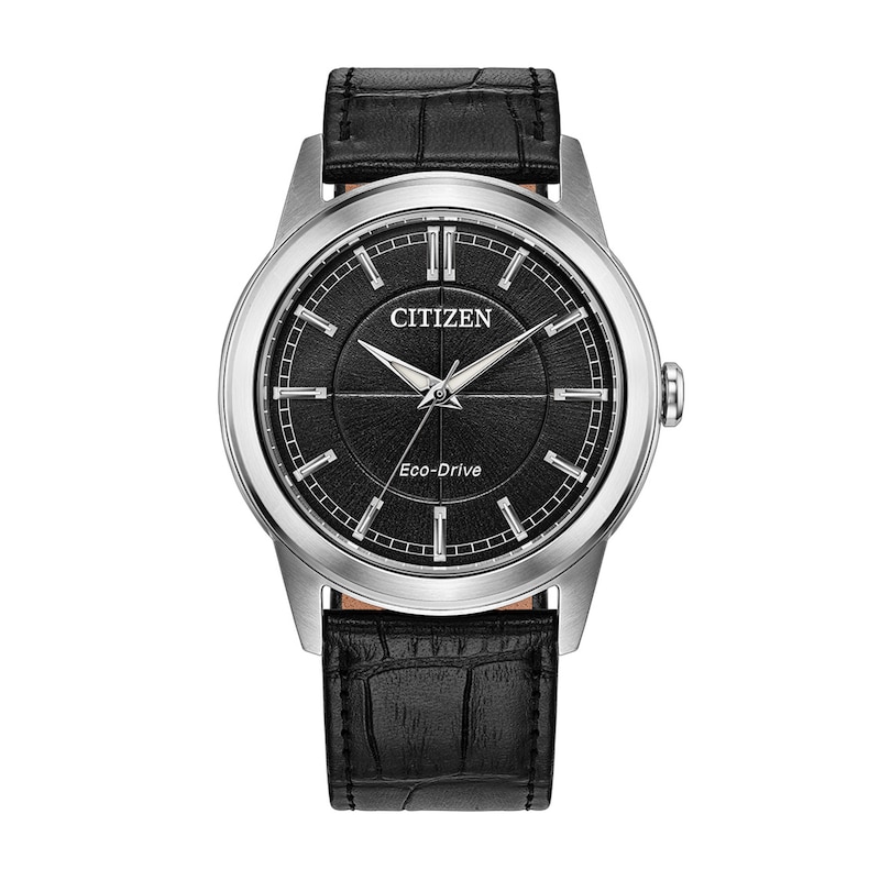 Men's Citizen Rolan Stainless Steel Watch with Black Dial and Black Leather Strap (AW2110-06E)