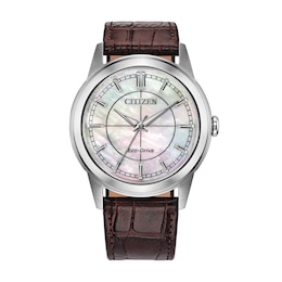 Men's Citizen Rolan Stainless Steel Watch with Mother-of-Pearl Dial and Brown Leather Strap (FE7130-10D)