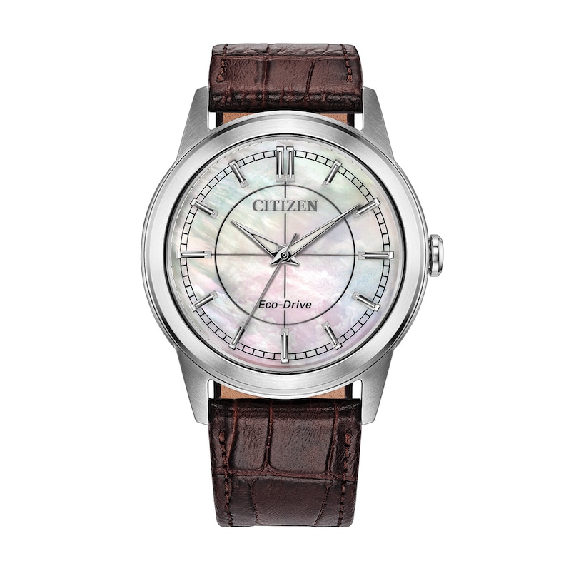 Men's Citizen Rolan Stainless Steel Watch with Mother-of-Pearl Dial and Brown Leather Strap (FE7130-10D)