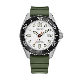 Men's Citizen Promaster Dive Stainless Steel Watch with White Dial and Green Polyurethane Strap (BN0265-00A)