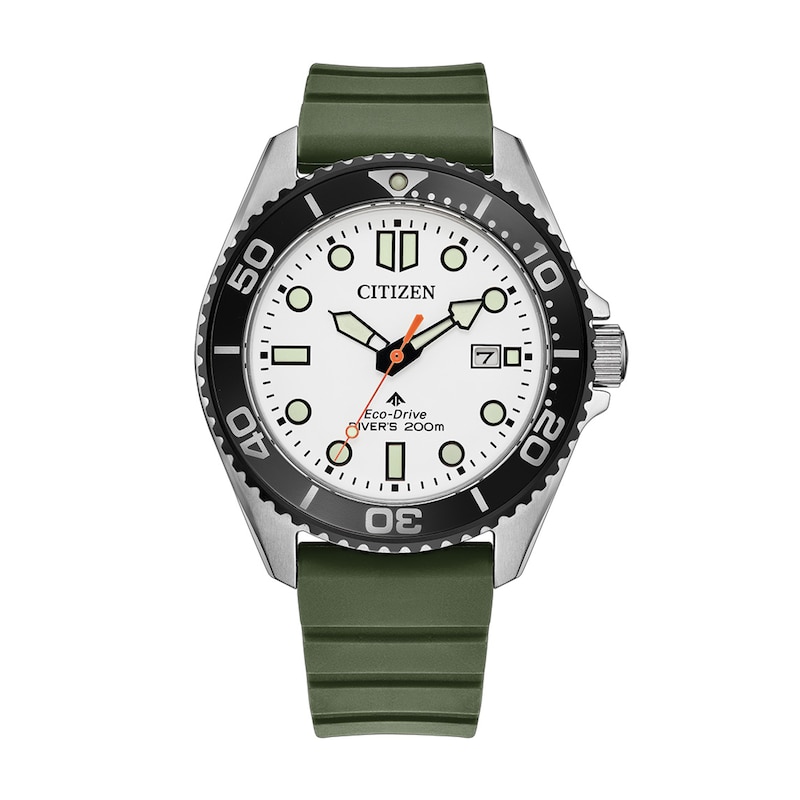 Men's Citizen Promaster Dive Stainless Steel Watch with White Dial and Green Polyurethane Strap (BN0265-00A)