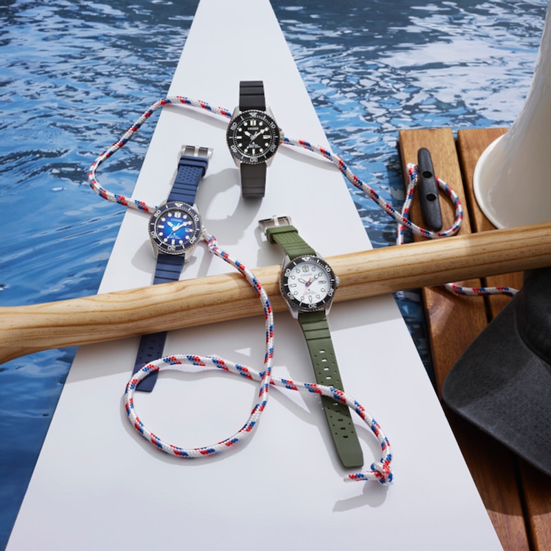 Men's Citizen Promaster Dive Stainless Steel Watch with White Dial and Green Polyurethane Strap (BN0265-00A)