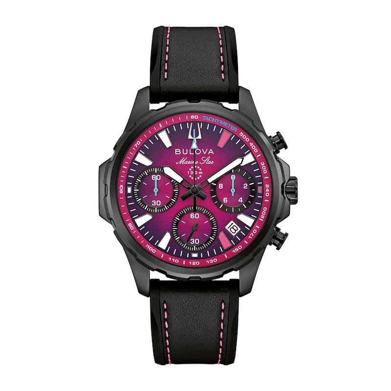 Men's Bulova Team Miami E1 Racing Marine Star B Black Stainless Steel Watch with Purple Dial (98B476)