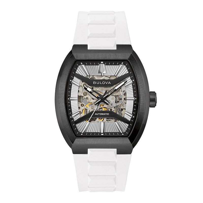 Men's Bulova Maquina Automatic Black Stainless Steel Watch with White Dial and White HNBR Strap (98A345)