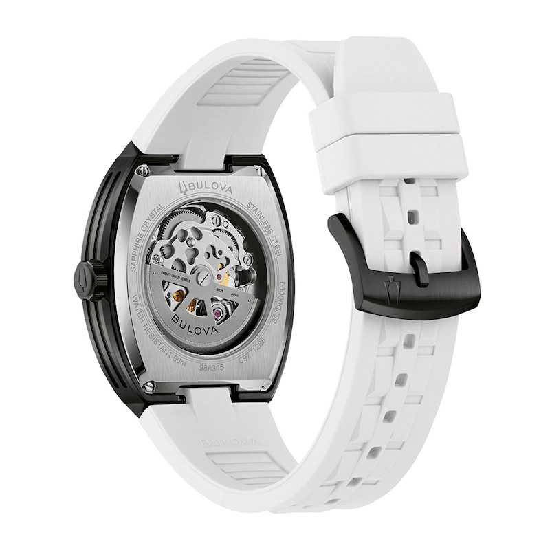 Men's Bulova Maquina Automatic Black Stainless Steel Watch with White Dial and White HNBR Strap (98A345)