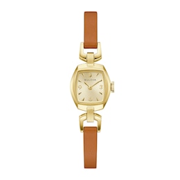 Ladies' Bulova Goddess Of Time Jackie Gold-Tone Stainless Steel Watch with Champagne Dial and Brown Leather Strap (97L202)