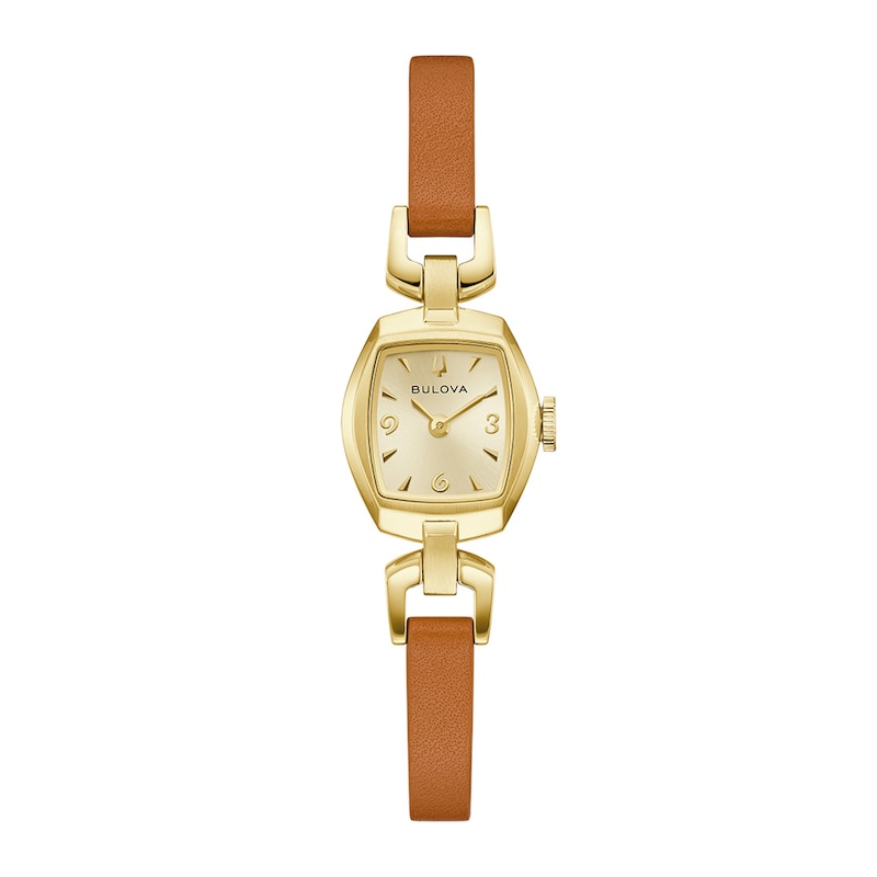 Ladies' Bulova Goddess Of Time Jackie Gold-Tone Stainless Steel Watch with Champagne Dial and Brown Leather Strap (97L202)