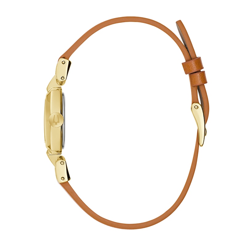 Ladies' Bulova Goddess Of Time Jackie Gold-Tone Stainless Steel Watch with Champagne Dial and Brown Leather Strap (97L202)