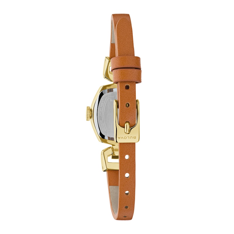 Ladies' Bulova Goddess Of Time Jackie Gold-Tone Stainless Steel Watch with Champagne Dial and Brown Leather Strap (97L202)