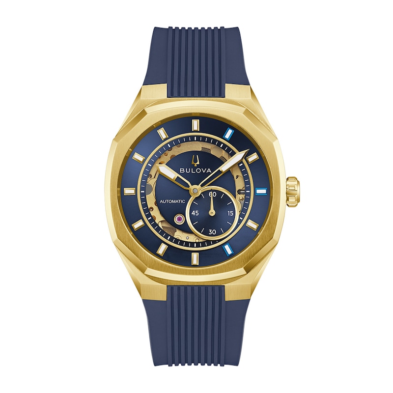 Men's Bulova Surveyor Automatic Gold-Tone Stainless Steel Watch with Blue Dial and Blue HNBR Rubber Strap (97A205)