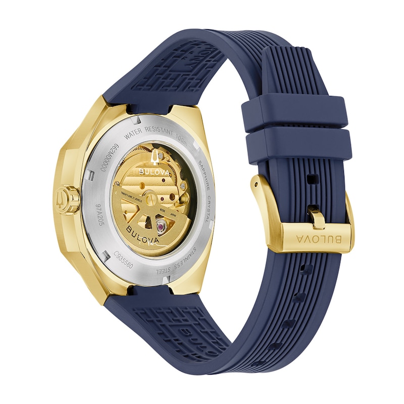 Men's Bulova Surveyor Automatic Gold-Tone Stainless Steel Watch with Blue Dial and Blue HNBR Rubber Strap (97A205)