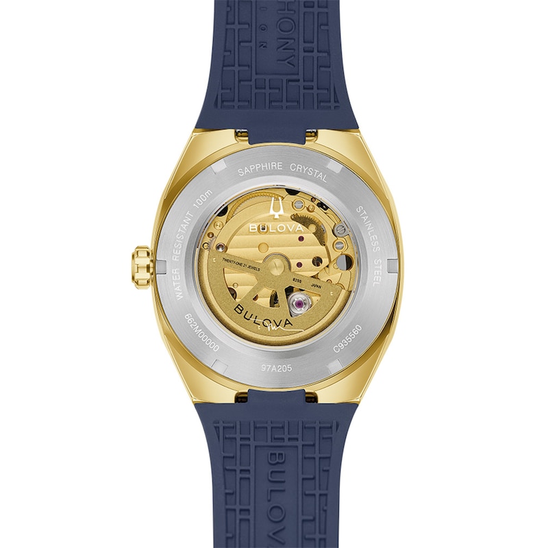 Men's Bulova Surveyor Automatic Gold-Tone Stainless Steel Watch with Blue Dial and Blue HNBR Rubber Strap (97A205)