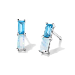 Baguette-Cut Blue Topaz and Lab-Created Opal Stacked Stud Earrings in Sterling Silver