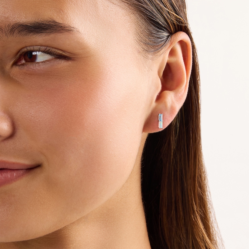 Baguette-Cut Blue Topaz and Lab-Created Opal Stacked Stud Earrings in Sterling Silver