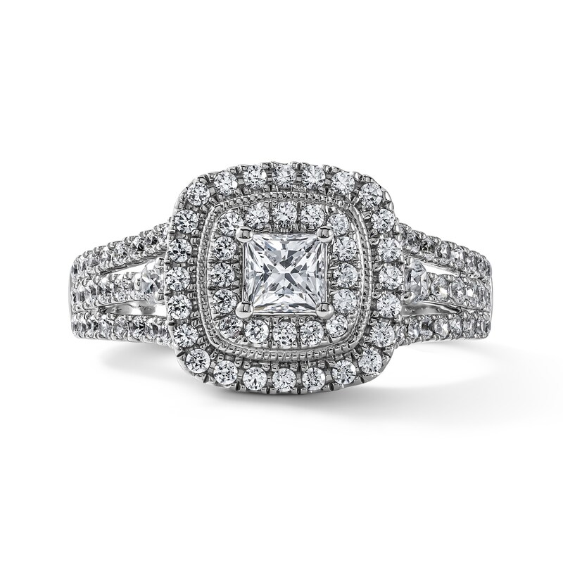 1.00 CT. T.W. Princess-Cut Diamond Cushion Frame Engagement Ring in 10K White Gold (I/I3)