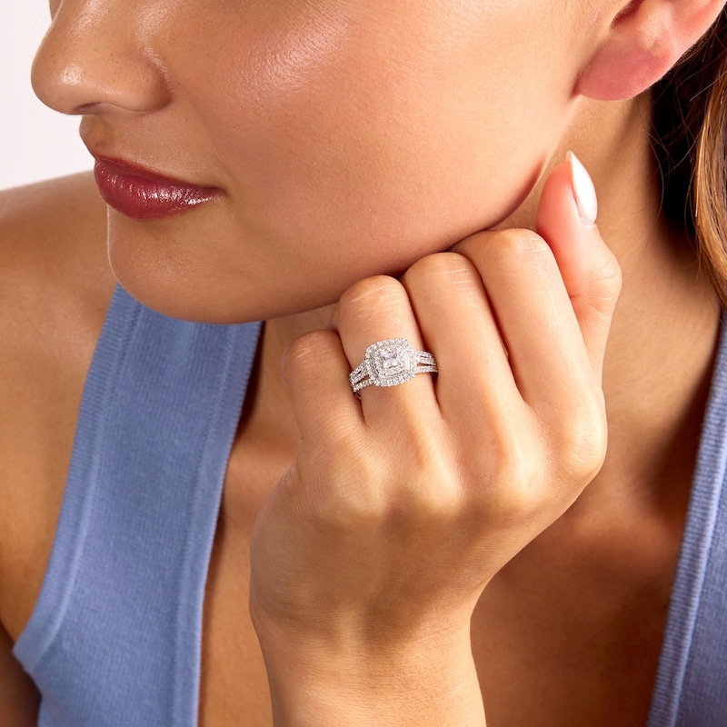 1.00 CT. T.W. Princess-Cut Diamond Cushion Frame Engagement Ring 10K White Gold (I/I3)