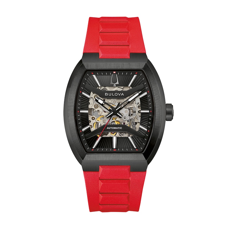 Men's Bulova Maquina Automatic Stainless Steel Watch with Black Dial and Red HNBR Rubber Strap (98A341)