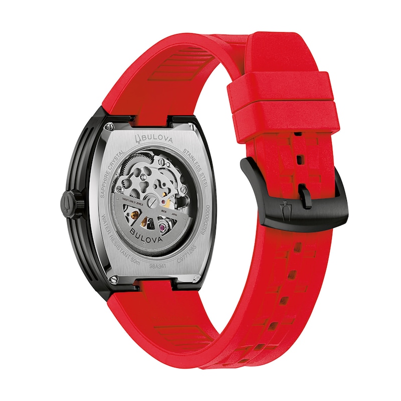 Men's Bulova Maquina Automatic Stainless Steel Watch with Black Dial and Red HNBR Rubber Strap (98A341)