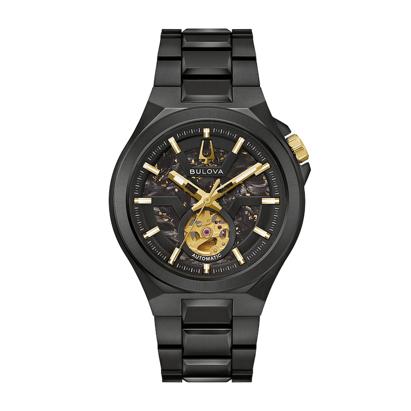 Men's Bulova Maquina Automatic Black Stainless Steel Watch with Black Forged Carbon Dial (98A340)