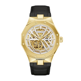 Men's Bulova Prestige Automatic Gold-Tone Stainless Steel Watch with Open Dial and Black Leather Strap (97A206)