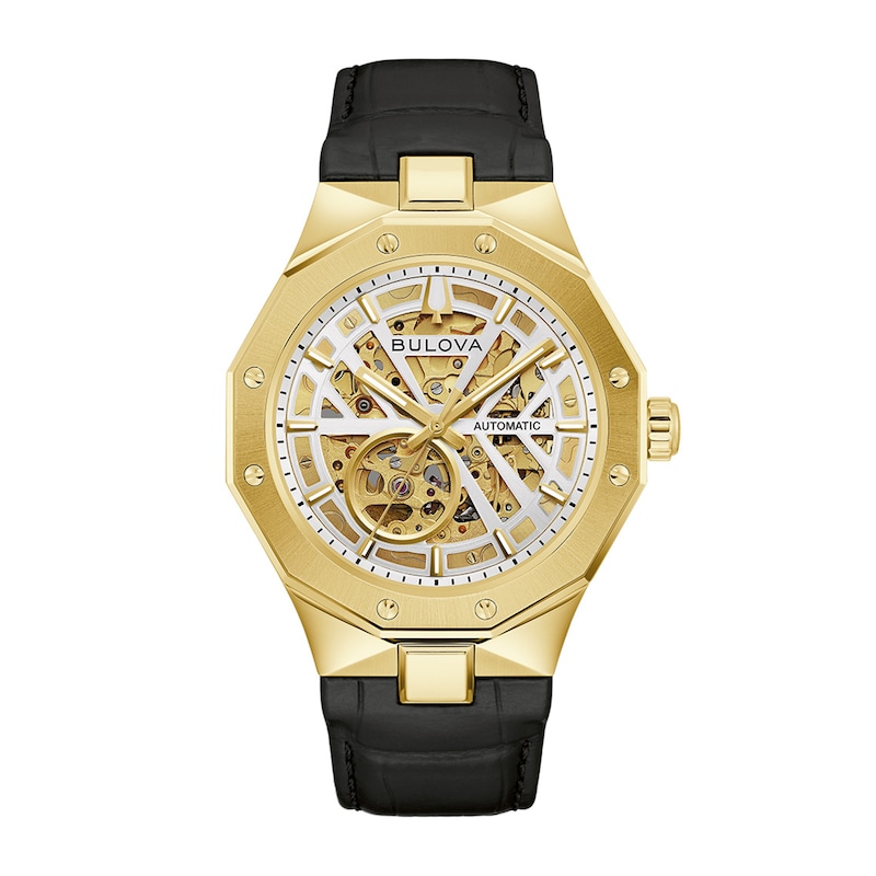Men's Bulova Prestige Automatic Gold-Tone Stainless Steel Watch with Open Dial and Black Leather Strap (97A206)