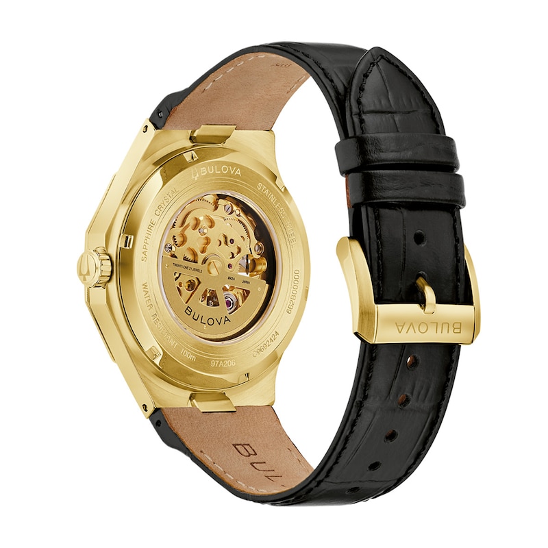 Men's Bulova Prestige Automatic Gold-Tone Stainless Steel Watch with Open Dial and Black Leather Strap (97A206)