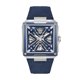 Men's Bulova Series X2 Automatic Stainless Steel Skeleton Watch with Blue Dial and Blue Suede Strap (98A342)