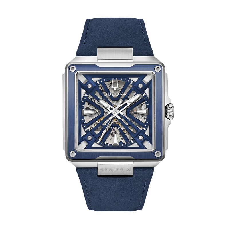 Men's Bulova Series X2 Automatic Stainless Steel Skeleton Watch with Blue Dial and Blue Suede Strap (98A342)