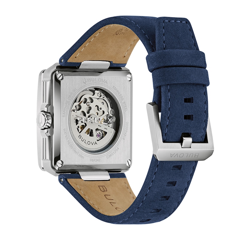 Men's Bulova Series X2 Automatic Stainless Steel Skeleton Watch with Blue Dial and Blue Suede Strap (98A342)