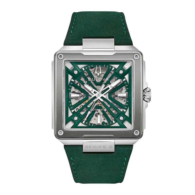 Men's Bulova Series X2 Automatic Stainless Steel Watch with Green Dial and Green Suede Strap (98A343)