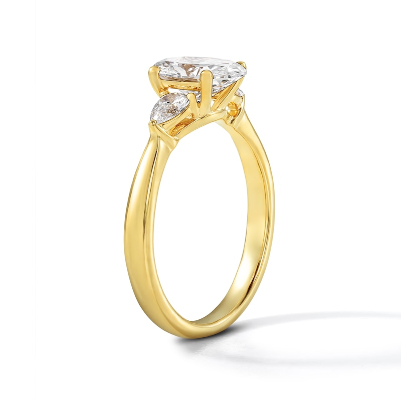 1.55 CT. T.W. Certified Oval and Pear-Shaped Lab-Grown Diamond Three-Stone Engagement Ring in 14K Gold (F/VS2
