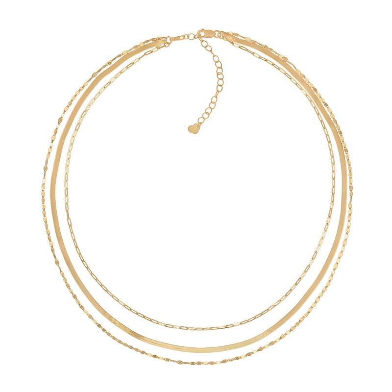 Triple Strand Herringbone, Paper Clip and Mirror Chain Necklace in 10K Gold - 15"