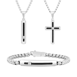 Diamond Accent Cross Necklace, Bar Necklace and Bracelet Set in Stainless Steel with Black Resin