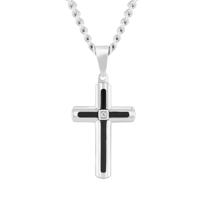 Diamond Accent Cross Necklace, Bar Necklace and Bracelet Set in Stainless Steel with Black Resin