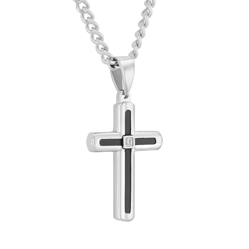 Diamond Accent Cross Necklace, Bar Necklace and Bracelet Set in Stainless Steel with Black Resin