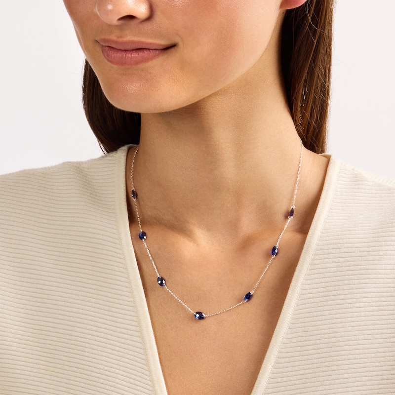 Oval Blue Lab-Created Sapphire Station Necklace in Sterling Silver - 18"